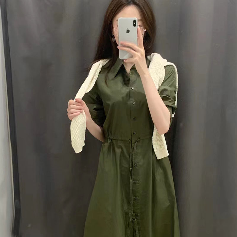 女装 襟付き半袖シャツ型ウエストリボンワンピース