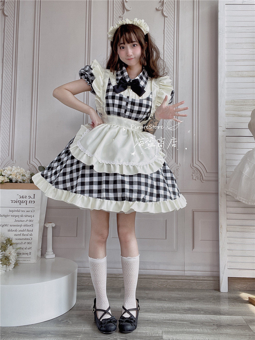 女装 ギンガムチェック柄フリル付きメイド服セット