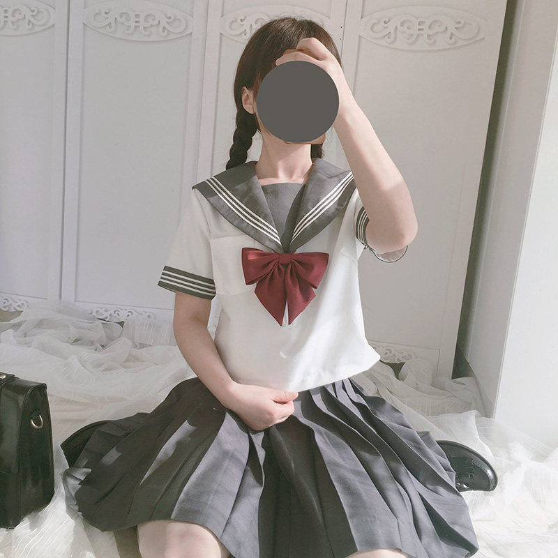 女装 三本ライン襟リボン付き半袖セーラー服上下セット