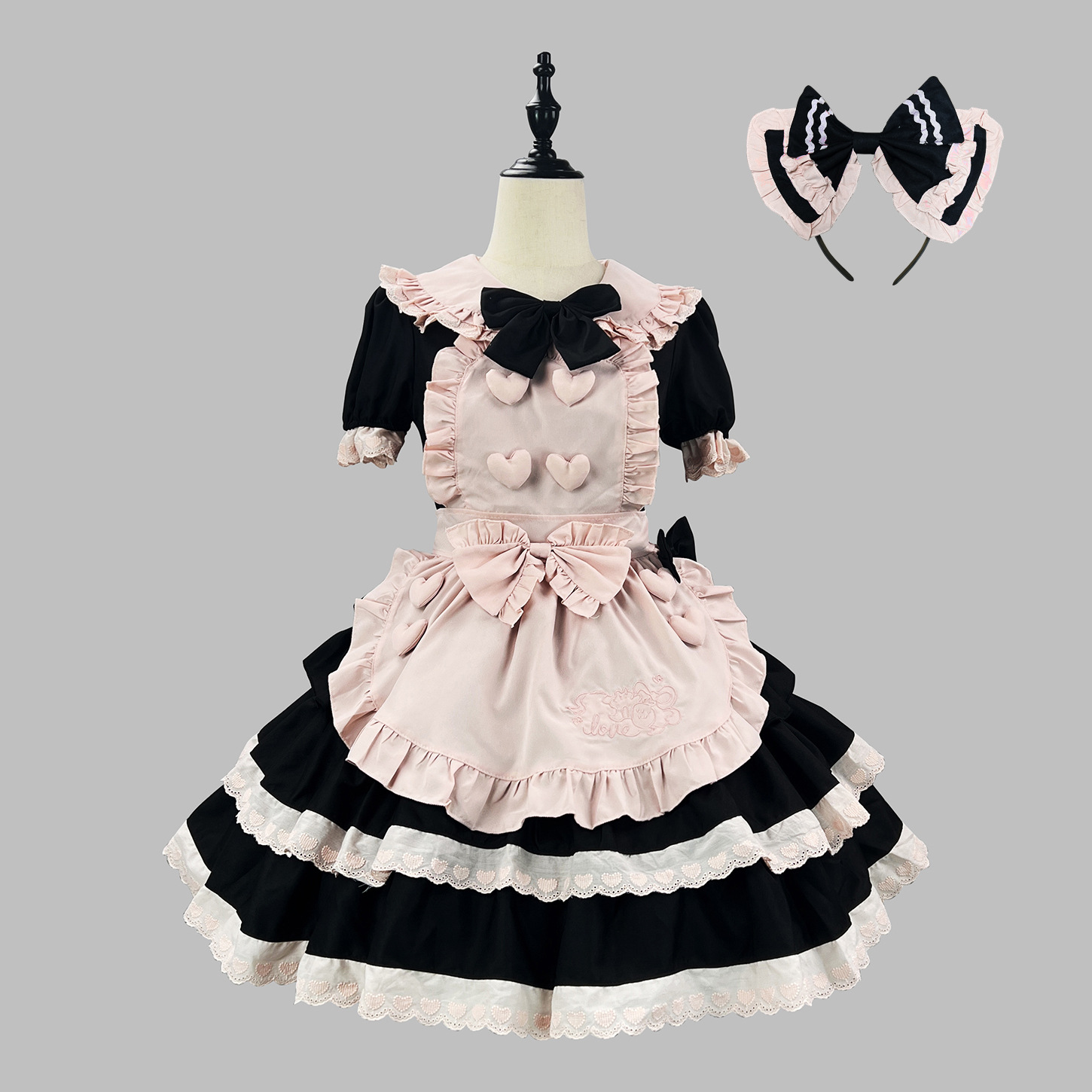 女装 ハート飾り付き多段フリルメイド服セット