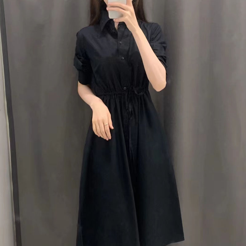 女装 襟付き半袖シャツ型ウエストリボンワンピース