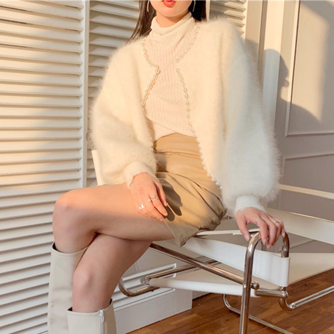 女装下着対応 真珠飾りふわもこ編み羽織りもの