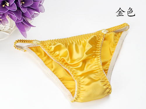 女装 光沢サテン生地のフリル付き紐パンツ