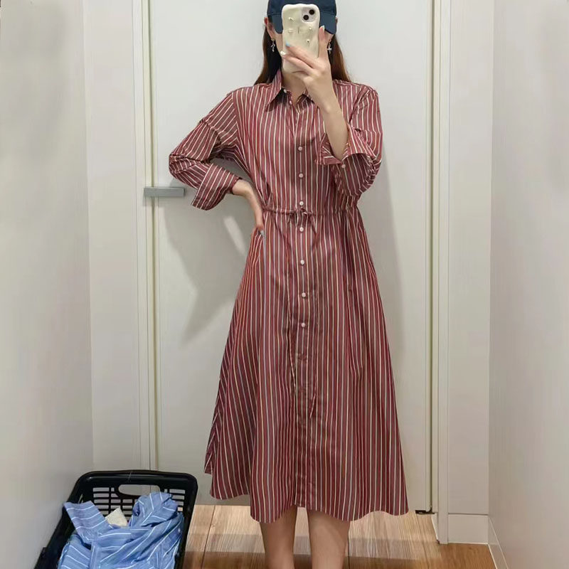 女装 襟付き半袖シャツ型ウエストリボンワンピース