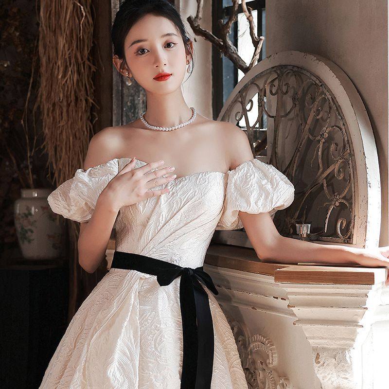 女装 パフスリーブオフショルダー姫系ロングドレス