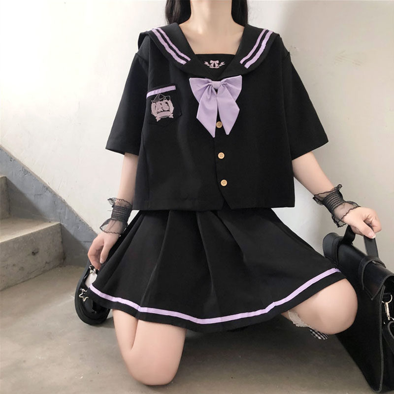 女装 襟ライン付き大きなリボン半袖セーラー服上下セット