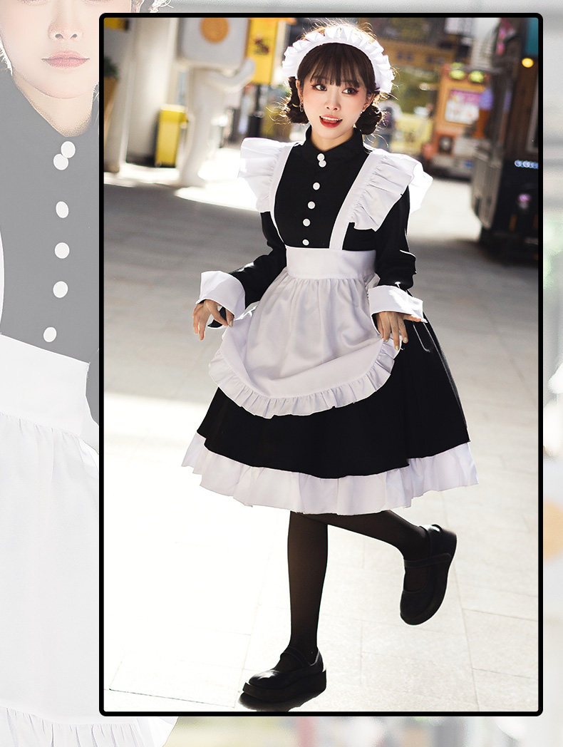 女装 長袖クラシックメイド服フリル付きエプロンセット