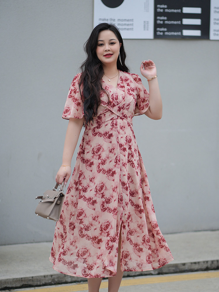 女装 薔薇柄シフォンフレア袖ミモレ丈ワンピース