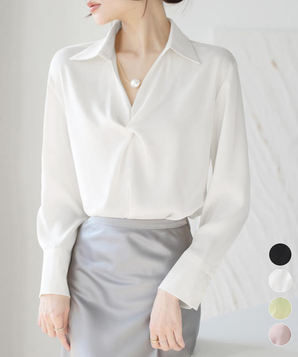 女装 上品な深襟ねじりブラウス長袖スーツシャツ