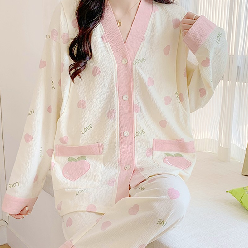 女装 ハート柄がかわいいVネックボタンルームウェア上下セット
