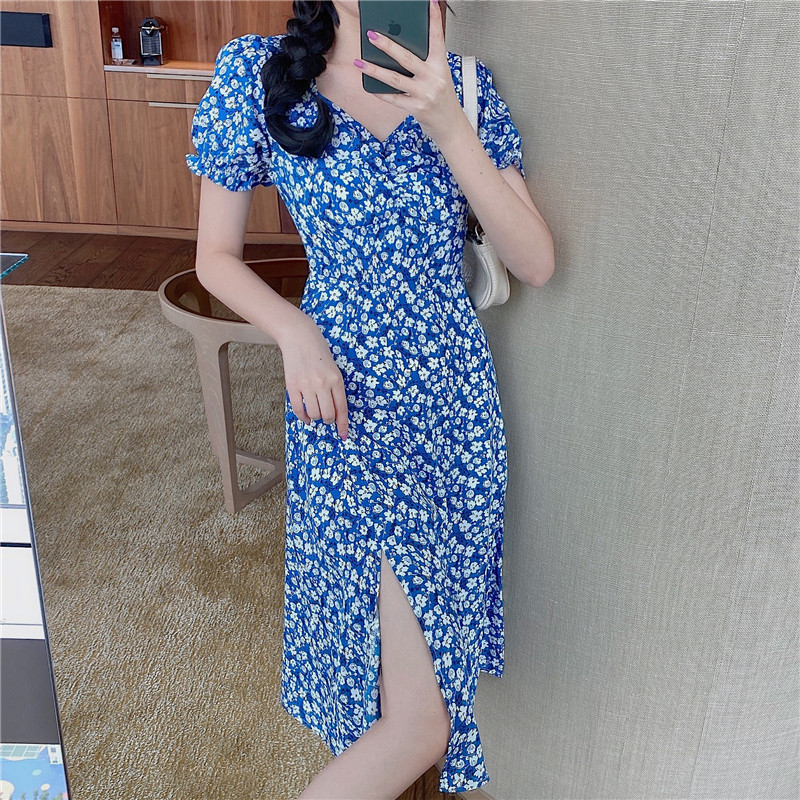 女装 小花柄パフスリーブ襟付きミディ丈ワンピース