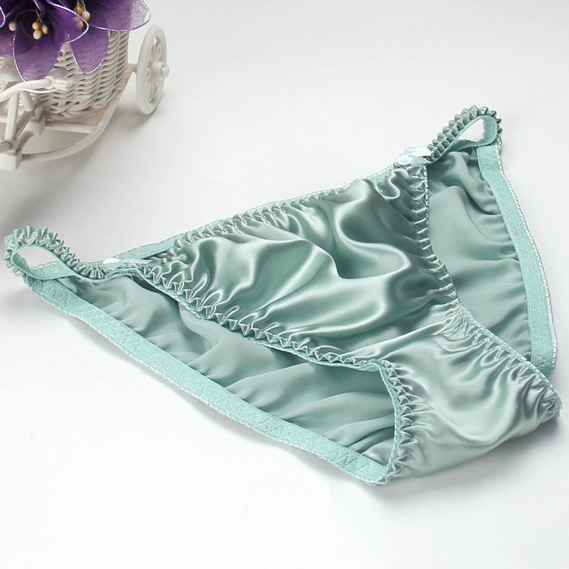 女装 光沢サテン生地のフリル付き紐パンツ