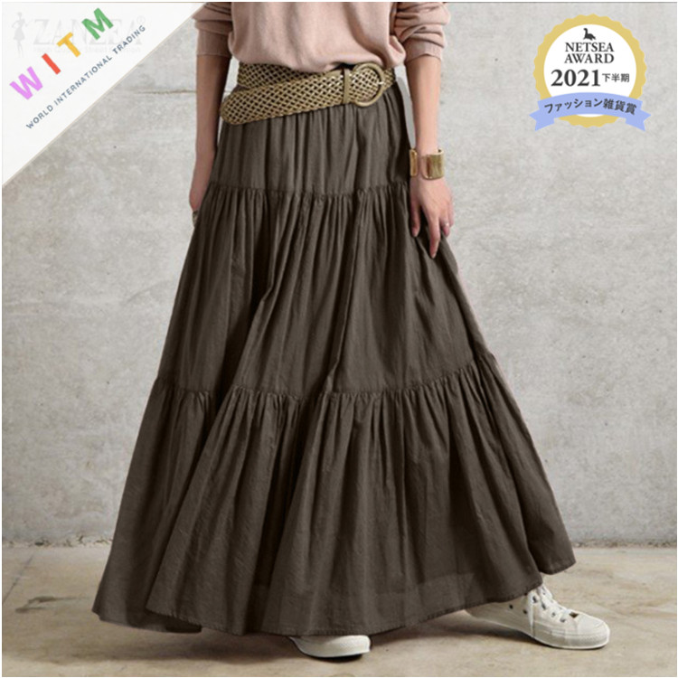 女装 ティアードフレアスカート ロング丈 ウエストゴム 体型カバー
