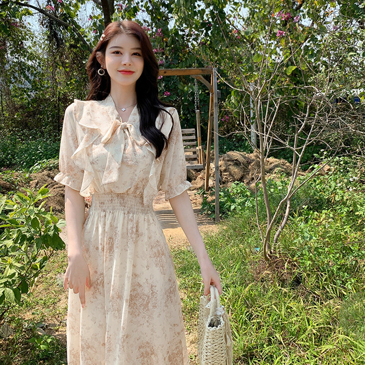 女装 花柄ボウタイワンピース ピンク系 大きいサイズ対応 上品長袖