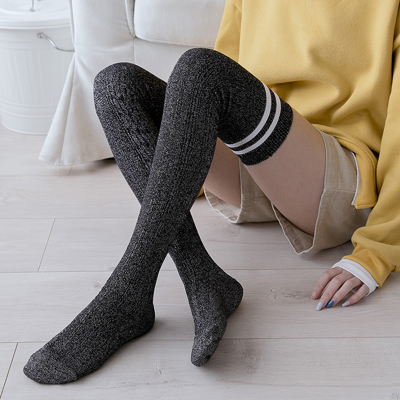 女装 ラメ入りニーハイソックス二本ライン