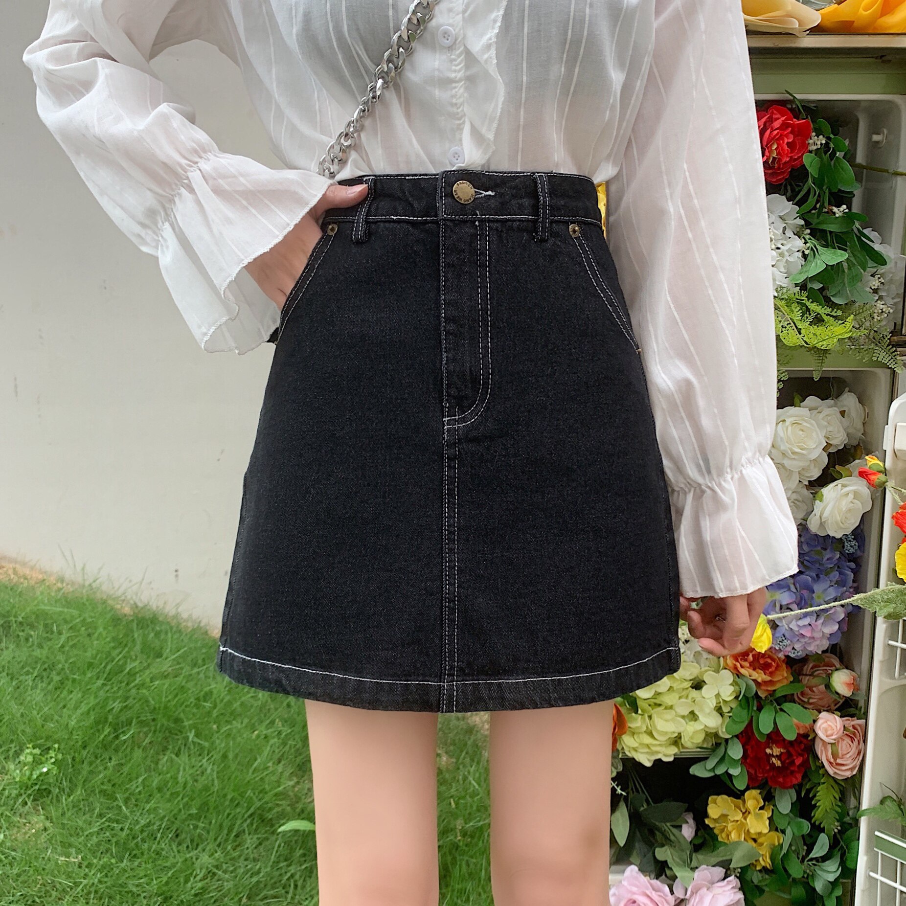 女装 ハイウエストデニム台形ミニスカート