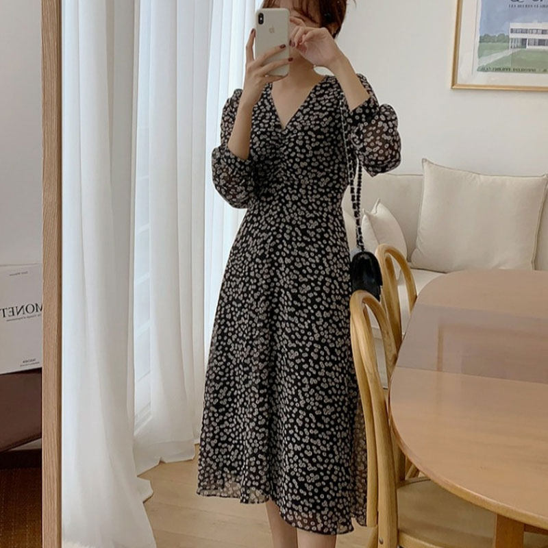 女装 小花柄シフォンカシュクール長袖ワンピース