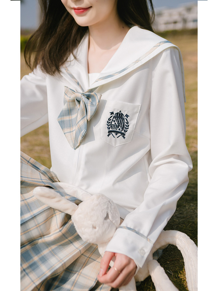 女装 チェック柄リボン付き長袖セーラー服上下セット