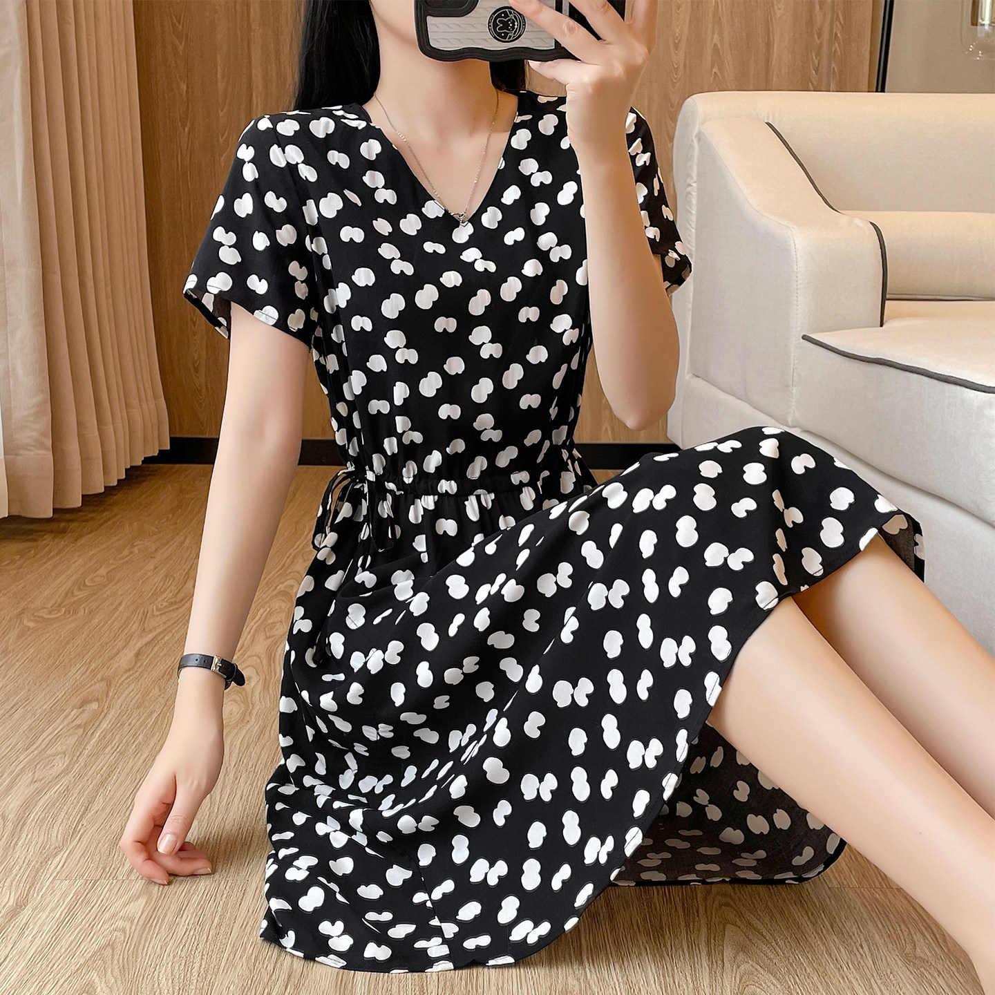 女装 小花柄ボタニカル半袖ウエストギャザーワンピース