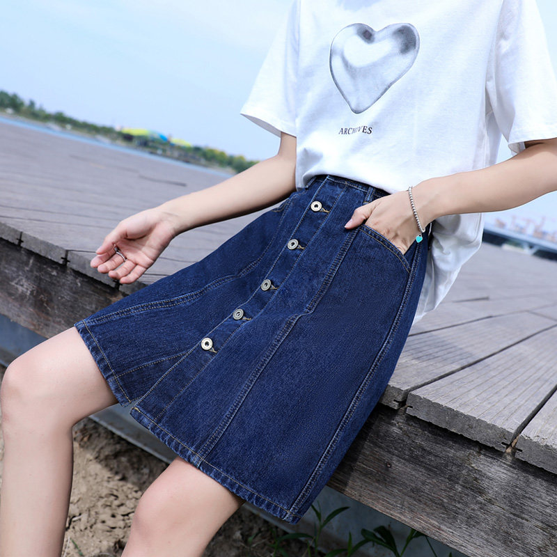 女装 フロントボタンデニム台形ミニスカート