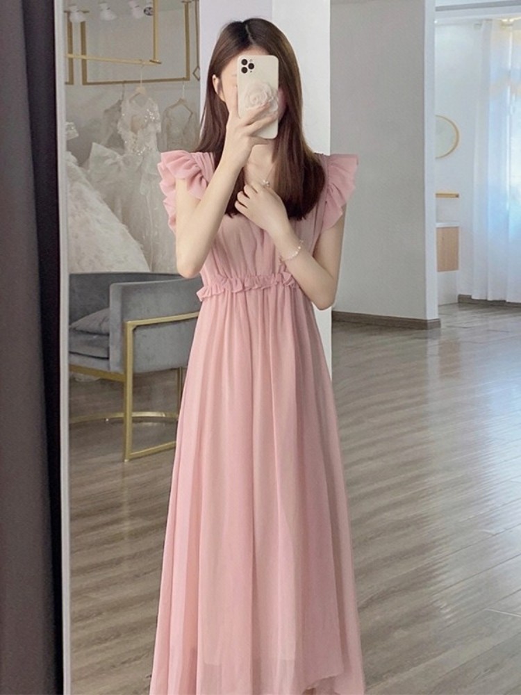女装 フリル袖シフォンロング丈エレガントワンピース
