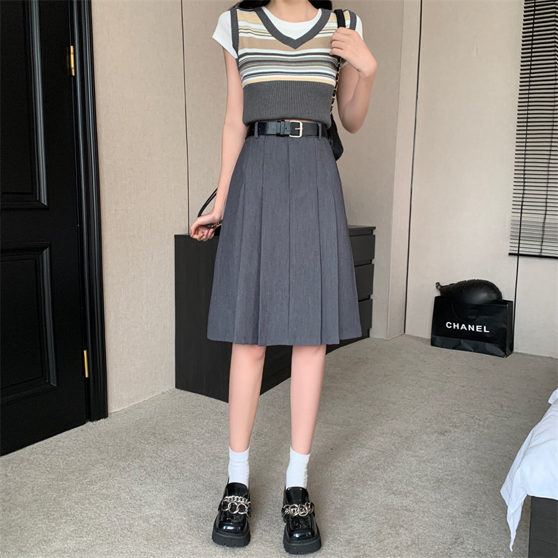 女装 ベルト付きハイウエストプリーツ膝丈スカート