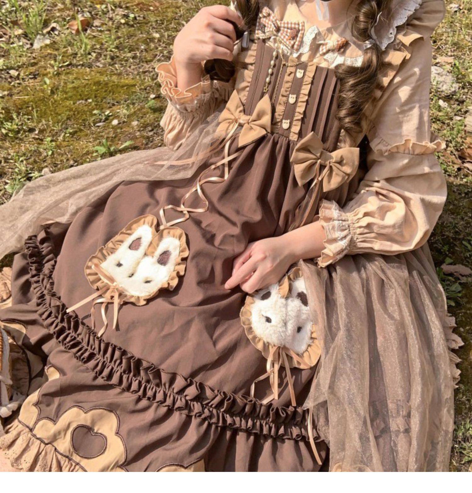 女装 甘姫フリル付きリボン装飾メイドワンピース