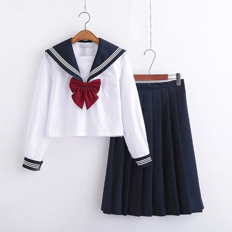 女装 清楚系プリーツスカート付き長袖セーラー服上下セット