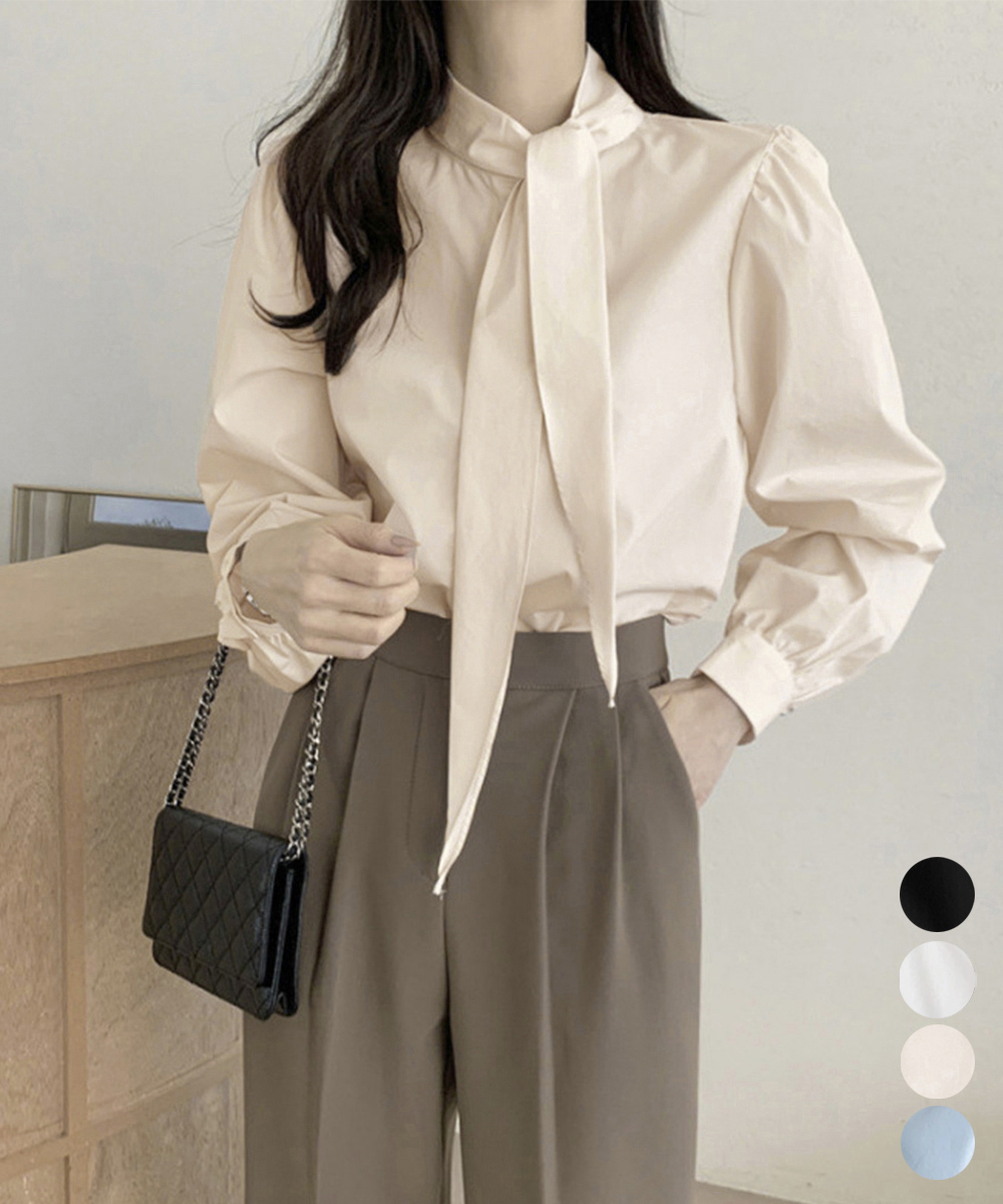 女装 上品なリボンタイブラウス スーツにも合う立ち襟シャツ