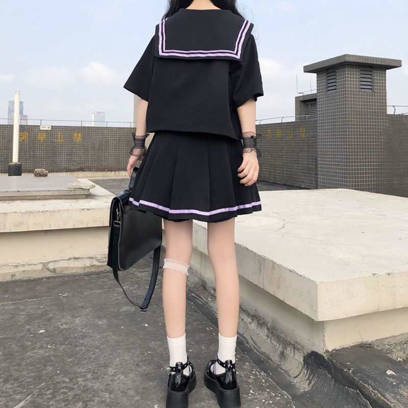 女装 襟ライン付き大きなリボン半袖セーラー服上下セット