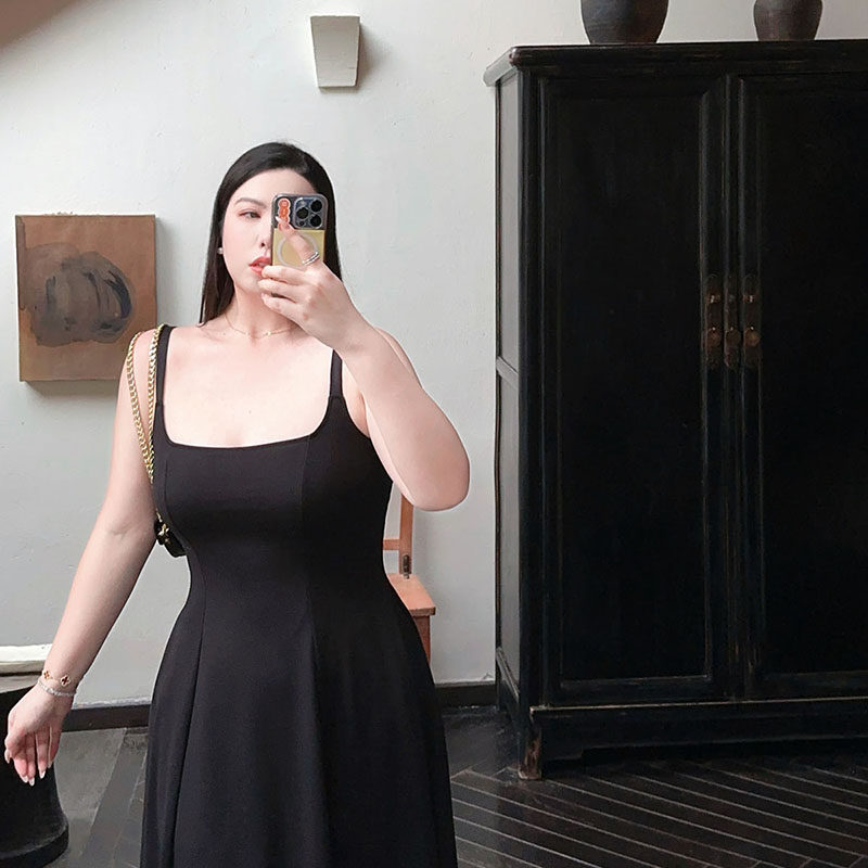 女装 スクエアネック美身体型ノースリーブロング丈ワンピース