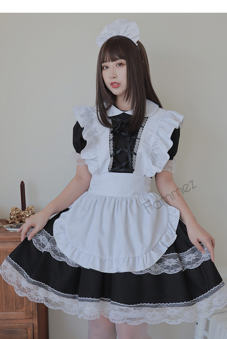 女装 背中交差リボン付き華やかフリル袖メイド服