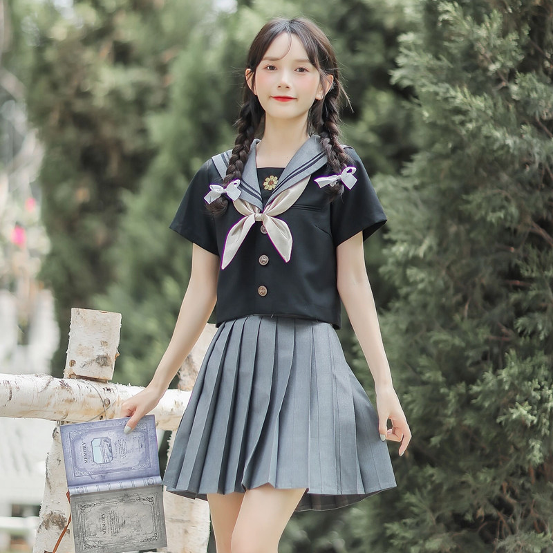 女装 可愛いリボン付き長袖セーラー服上下セット