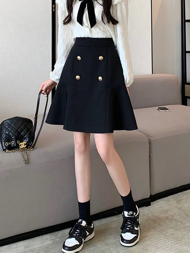 女装 ダブルボタン台形シルエットトラッドスカート