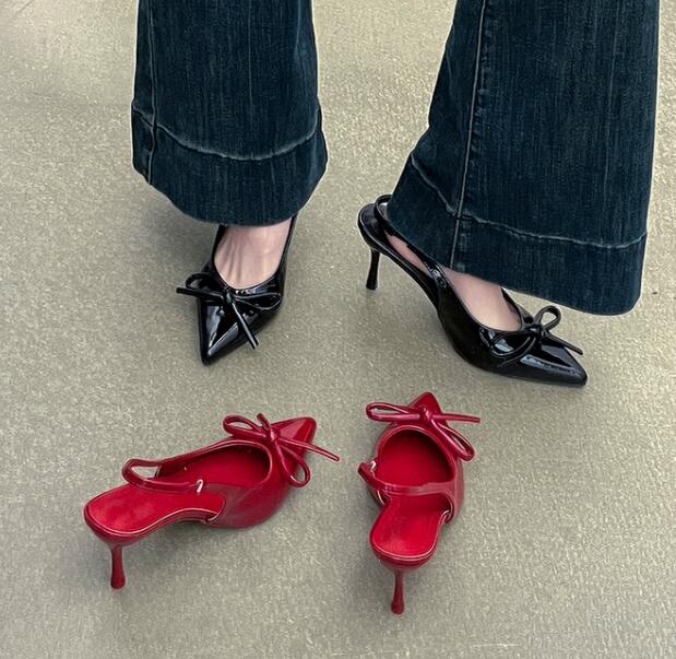 女装 女性用尖り先ハイヒール下着セット リボン付きサンダル