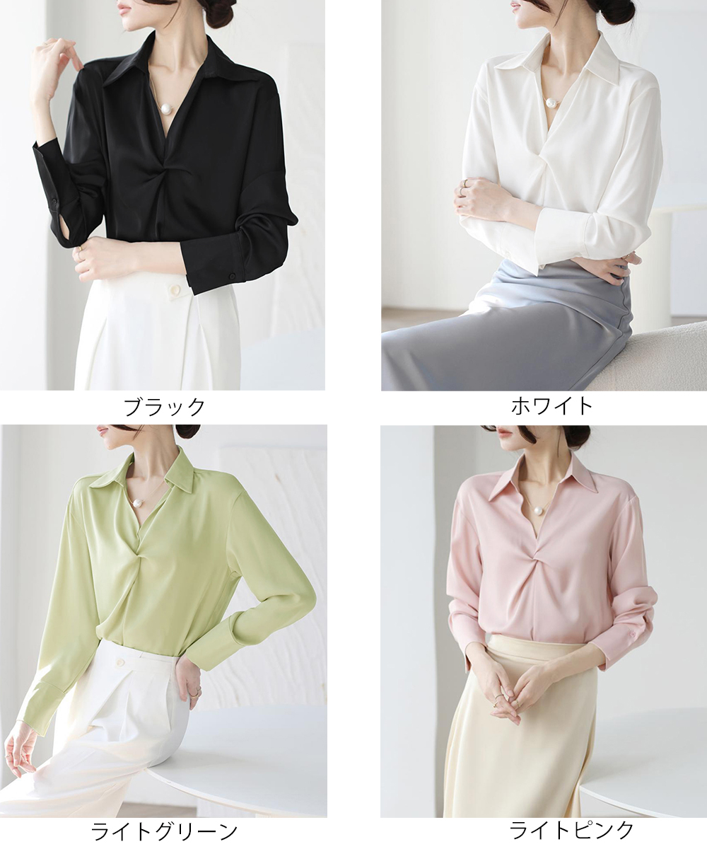 女装 上品な深襟ねじりブラウス長袖スーツシャツ