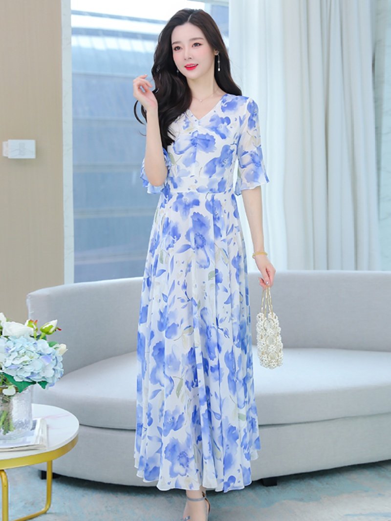 女装 花柄シフォン五分袖ロング丈ワンピース