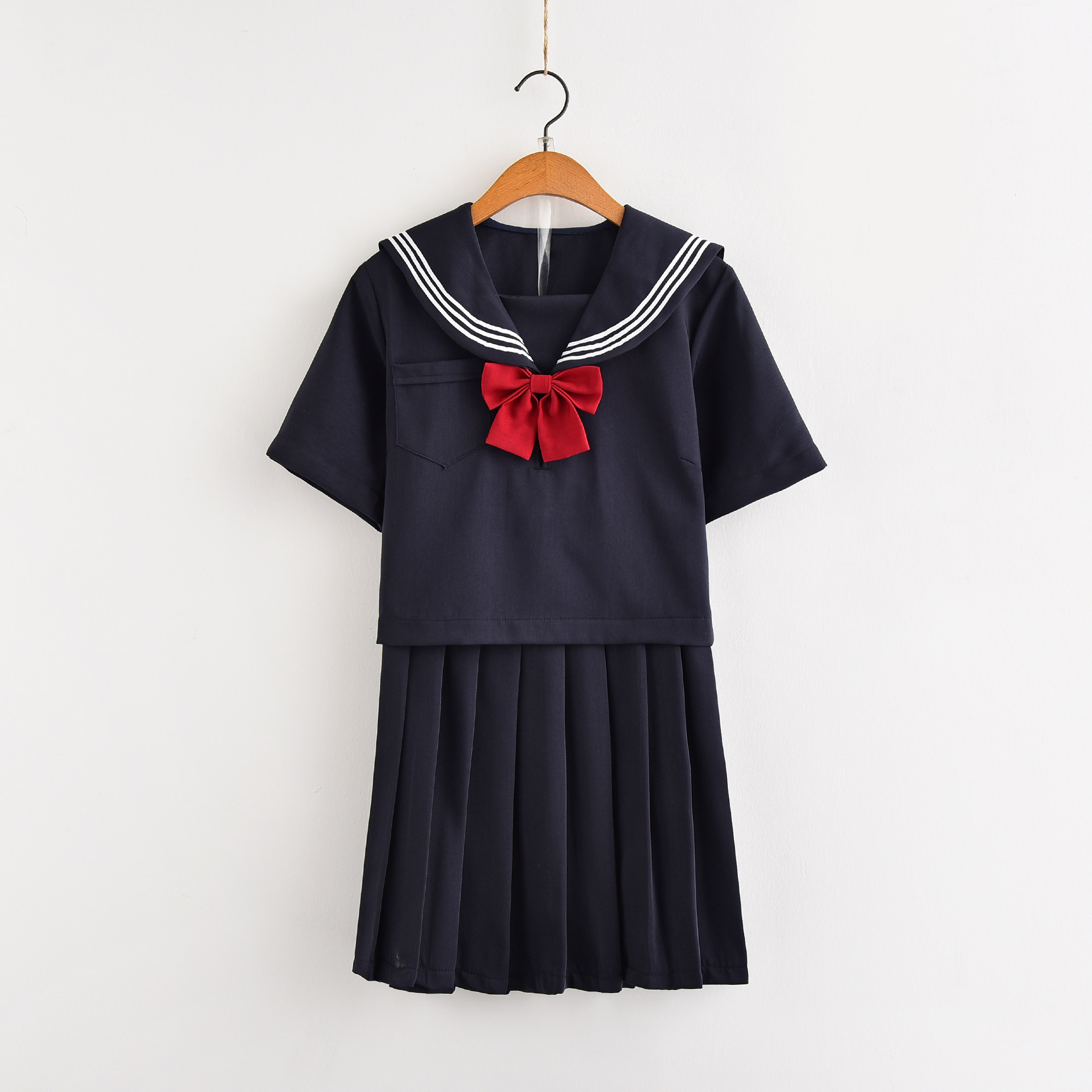 女装 本格派三本ライン襟リボン付き半袖セーラー服上下セット