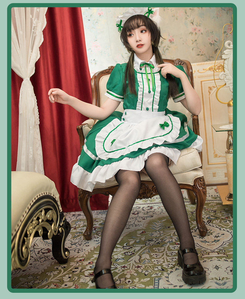 女装 クローバー刺繍付き清楚系メイド服フルセット