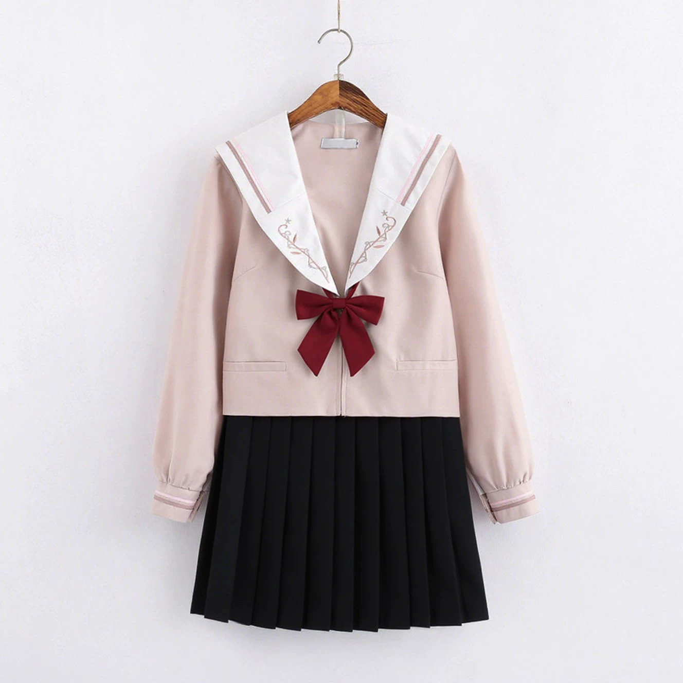 女装 清楚系刺繍入り襟リボン付きセーラー服上下セット