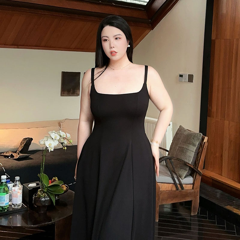 女装 スクエアネック美身体型ノースリーブロング丈ワンピース