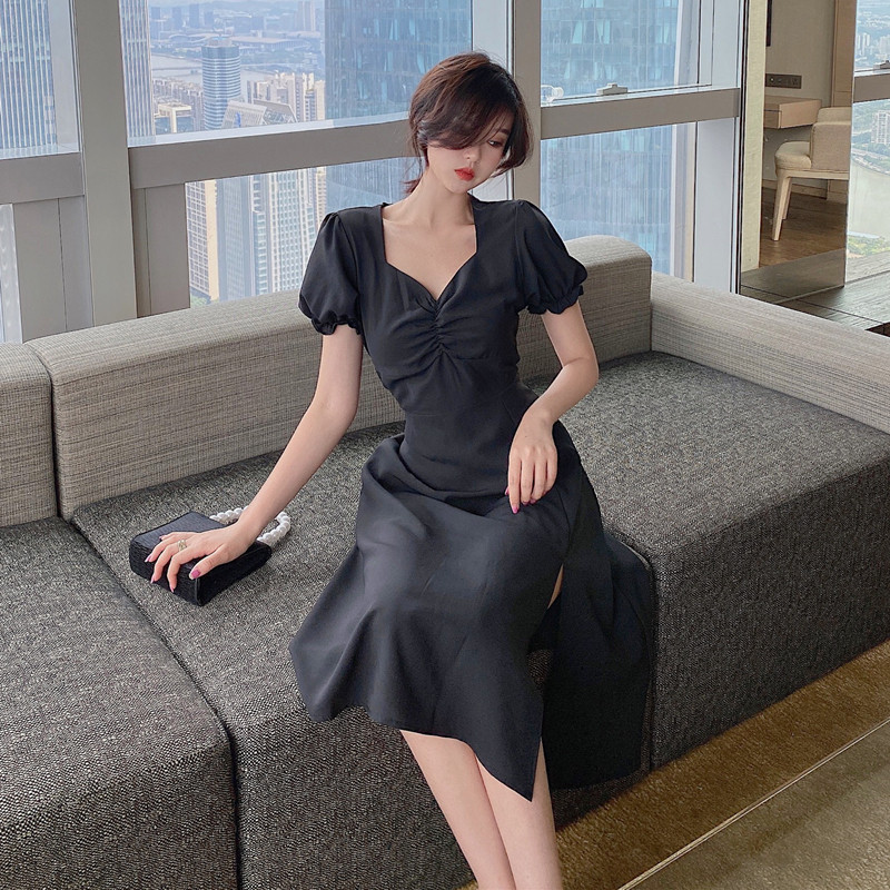 女装 小花柄パフスリーブ襟付きミディ丈ワンピース