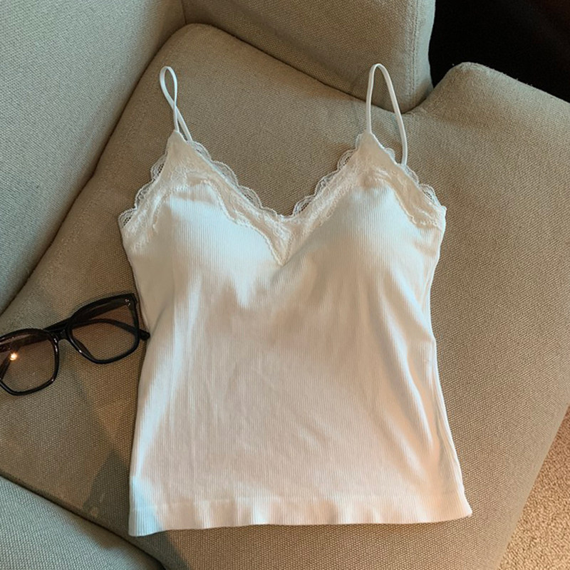 女装 リブ編み細肩紐レースキャミソール