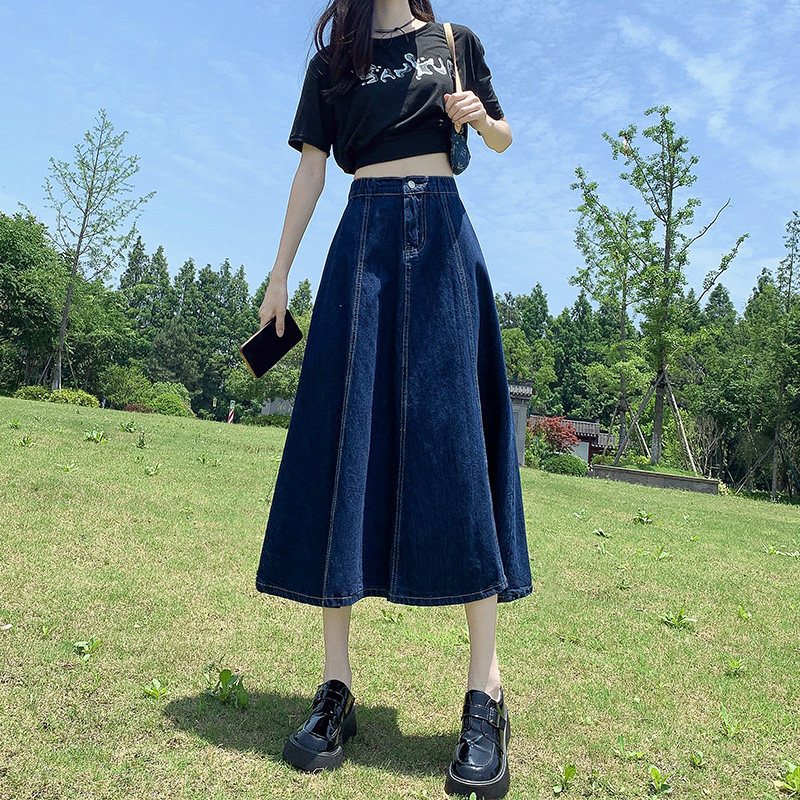 女装 デニム素材のハイウエストフレアロングスカート