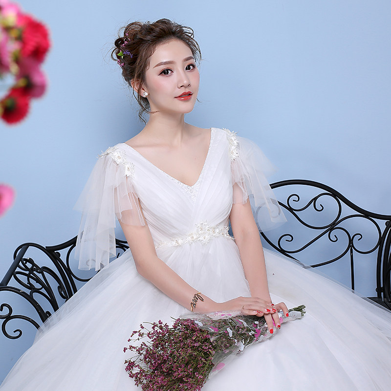 女装 花飾り付きチュール袖Vネックプリンセスドレス