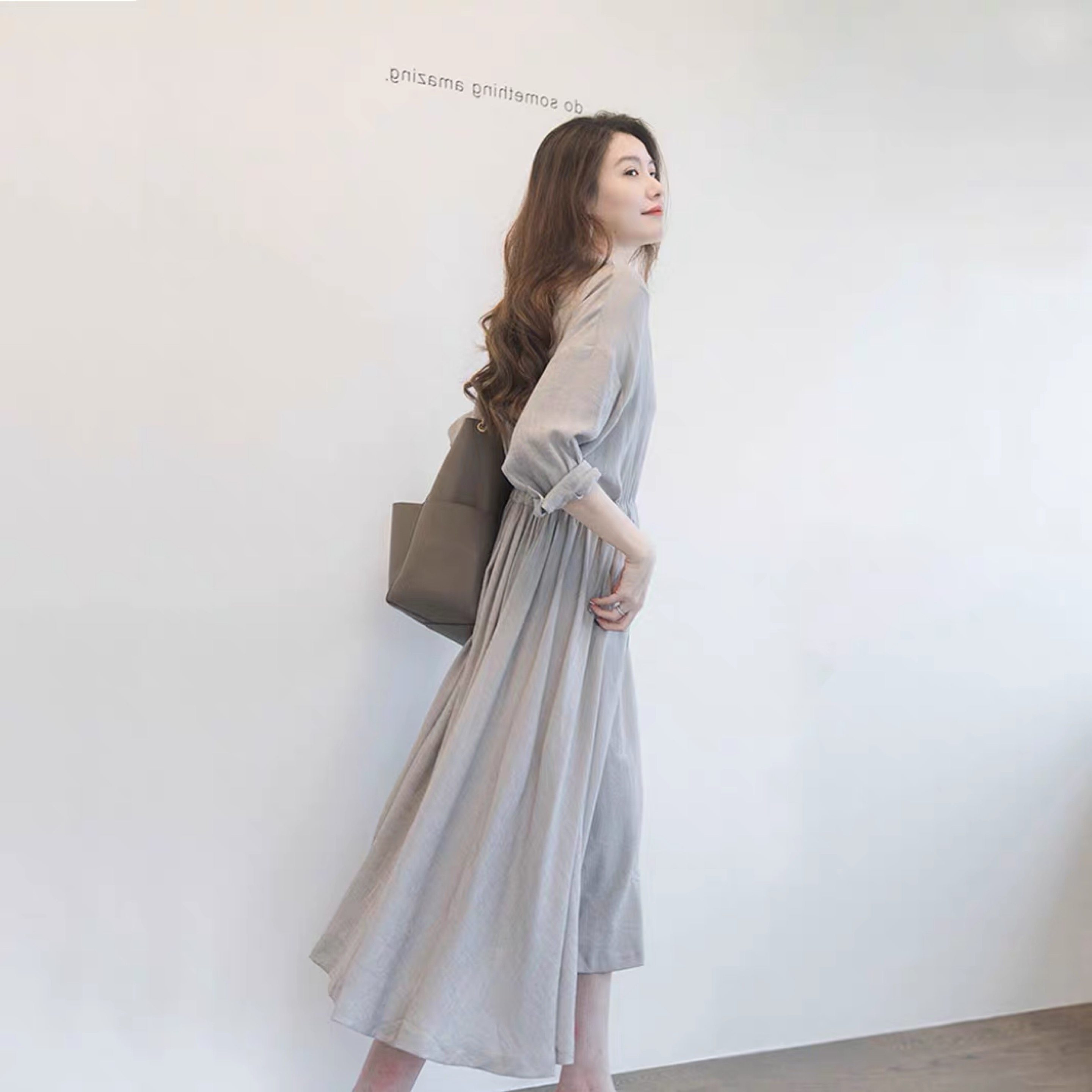 女装 開襟ウエストリボン七分袖ロングワンピース