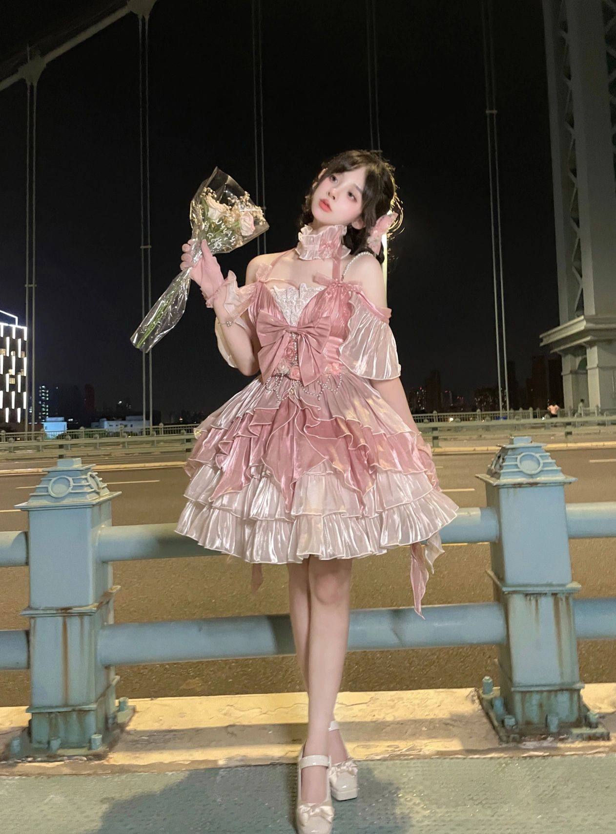 女装 姫系フリルオフショルダー光沢プリンセスドレス