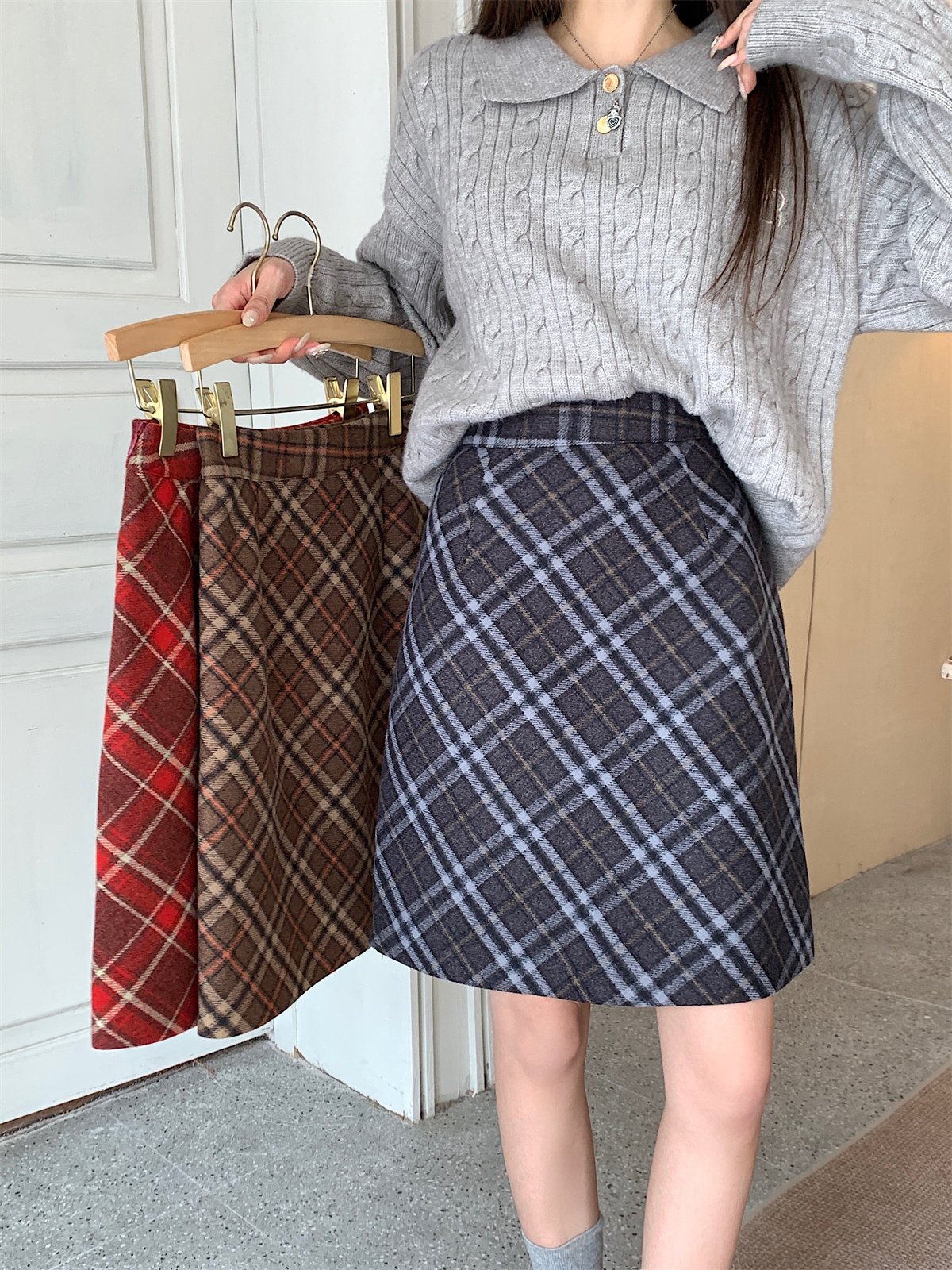 女装 秋冬対応クラシカル格子柄台形ミニスカート