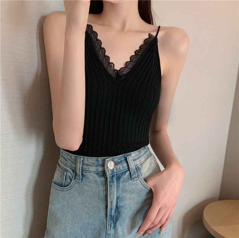レース付きリブ編みキャミソール