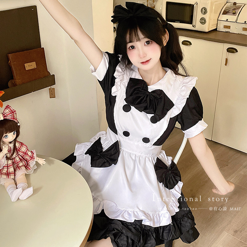 女装 大きめリボン付き半袖フリルエプロンメイド服